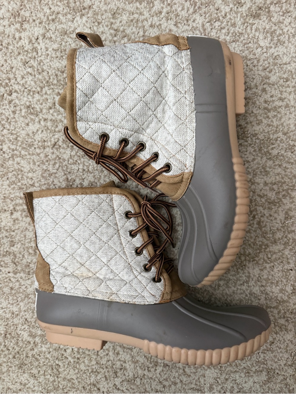 Marley Lilly Women's Monogram Rain Duck Lace Up Beige/Gray Boots sz 7 winter